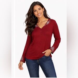 Soft Surroundings Vallete Beaded Waffle  Embellished V-Neck Long Sleeve Top Sz M